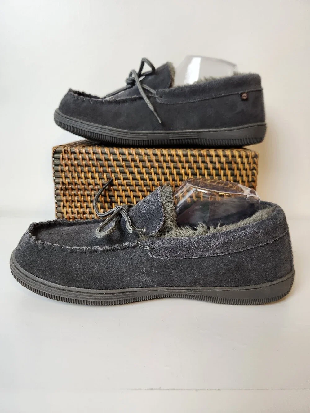 Lamo Theo Gray Suede Faux Fur Lined Foam Footbed Moccasin Slipper Shoes